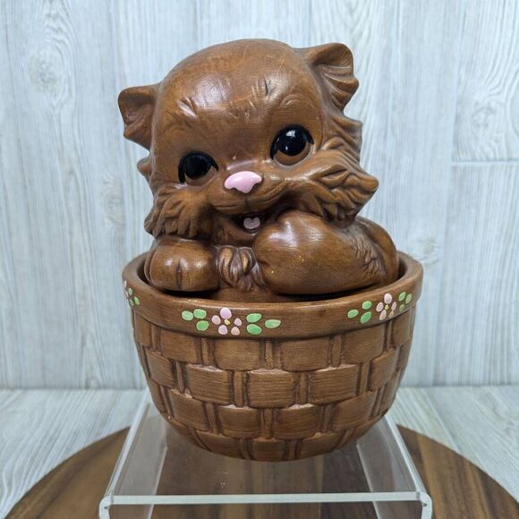 Vintage Twin Winton California Pottery Brown Cat Kitten In Basket Cookie Jar - Picture 1 of 9